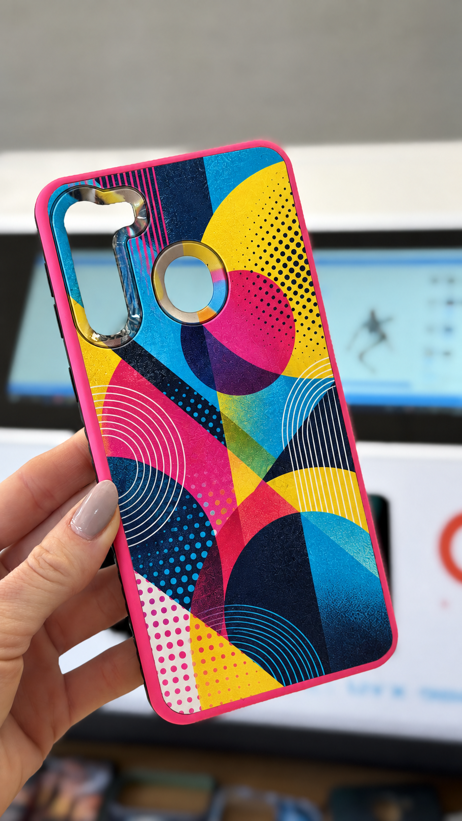 Funda personalizada con un diseño geométrico inspirado en impresión UV